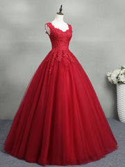 Prom Dress Long Beautiful, Burgundy A-Line Tulle Lace Long Prom Dress, Burgundy Formal Evening Dress