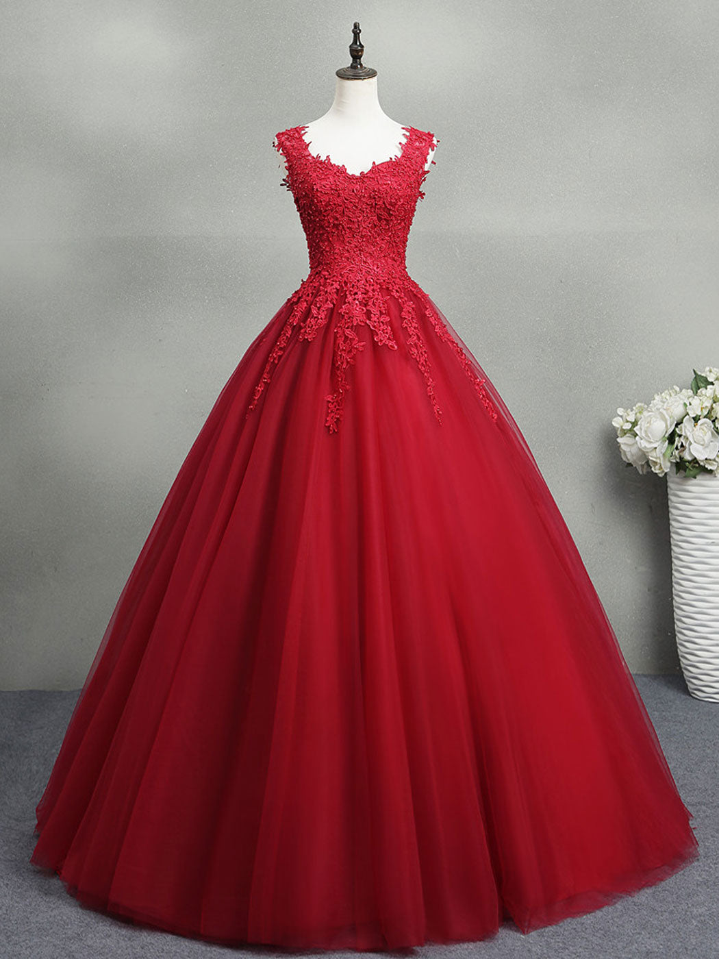 Prom Dresses Laces, Burgundy A-Line Tulle Lace Long Prom Dress, Burgundy Formal Evening Dress