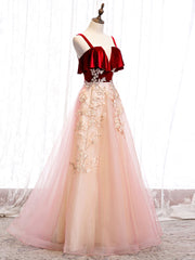 Evening Dresses Classy, Burgundy A-line Tulle Lace Long Prom Dress Tulle Formal Dress