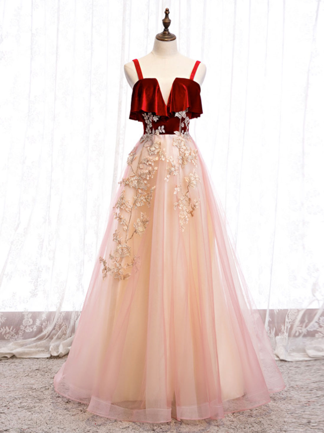 Evening Dresses Princess, Burgundy A-line Tulle Lace Long Prom Dress Tulle Formal Dress