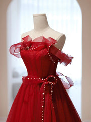 Evening Dress With Sleeve, Burgundy A-Line Tulle Long Prom Dress, Burgundy Tulle Formal Dress