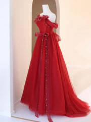 Evening Dress With Sleeves, Burgundy A-Line Tulle Long Prom Dress, Burgundy Tulle Formal Dress