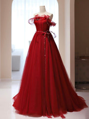 Evening Dress Green, Burgundy A-Line Tulle Long Prom Dress, Burgundy Tulle Formal Dress