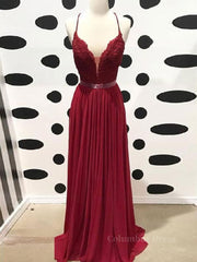 Bridesmaid Dresses Summer Wedding, Burgundy A Line V Neck Backless Lace Tulle Long Prom Dresses, Burgundy Lace Formal Dresses, Burgundy Evening Dresses