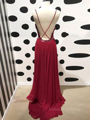 Bridesmaids Dresses Summer Wedding, Burgundy A Line V Neck Backless Lace Tulle Long Prom Dresses, Burgundy Lace Formal Dresses, Burgundy Evening Dresses