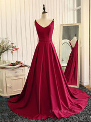 Bridesmaids Dresses Color Palettes, Burgundy A Line V Neck Sweep Train Open Back Satin Long Prom Dress, V Neck Burgundy Formal Dress, Backless Evening Dress