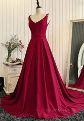 Bridesmaid Dress Color Palettes, Burgundy A Line V Neck Sweep Train Open Back Satin Long Prom Dress, V Neck Burgundy Formal Dress, Backless Evening Dress