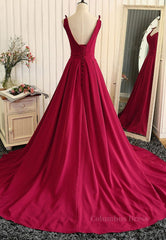 Bridesmaid Dresses Color Palette, Burgundy A Line V Neck Sweep Train Open Back Satin Long Prom Dress, V Neck Burgundy Formal Dress, Backless Evening Dress