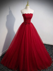 Party Dresses Lace, Burgundy Aline Tulle Beads Long Prom Dress, Burgundy Formal Dresses