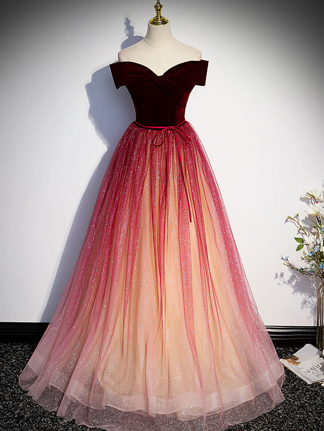 Bridesmaid Dresses Website, Burgundy Aline Tulle Sequin Long Prom Dress, Velvet Burgundy Formal Party Dress