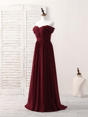 Party Dress Nye, Burgundy Chiffon Off Shoulder Long Prom Dress Burgundy Bridesmaid Dress