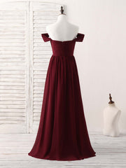 Party Dress For Girls, Burgundy Chiffon Off Shoulder Long Prom Dress Burgundy Bridesmaid Dress