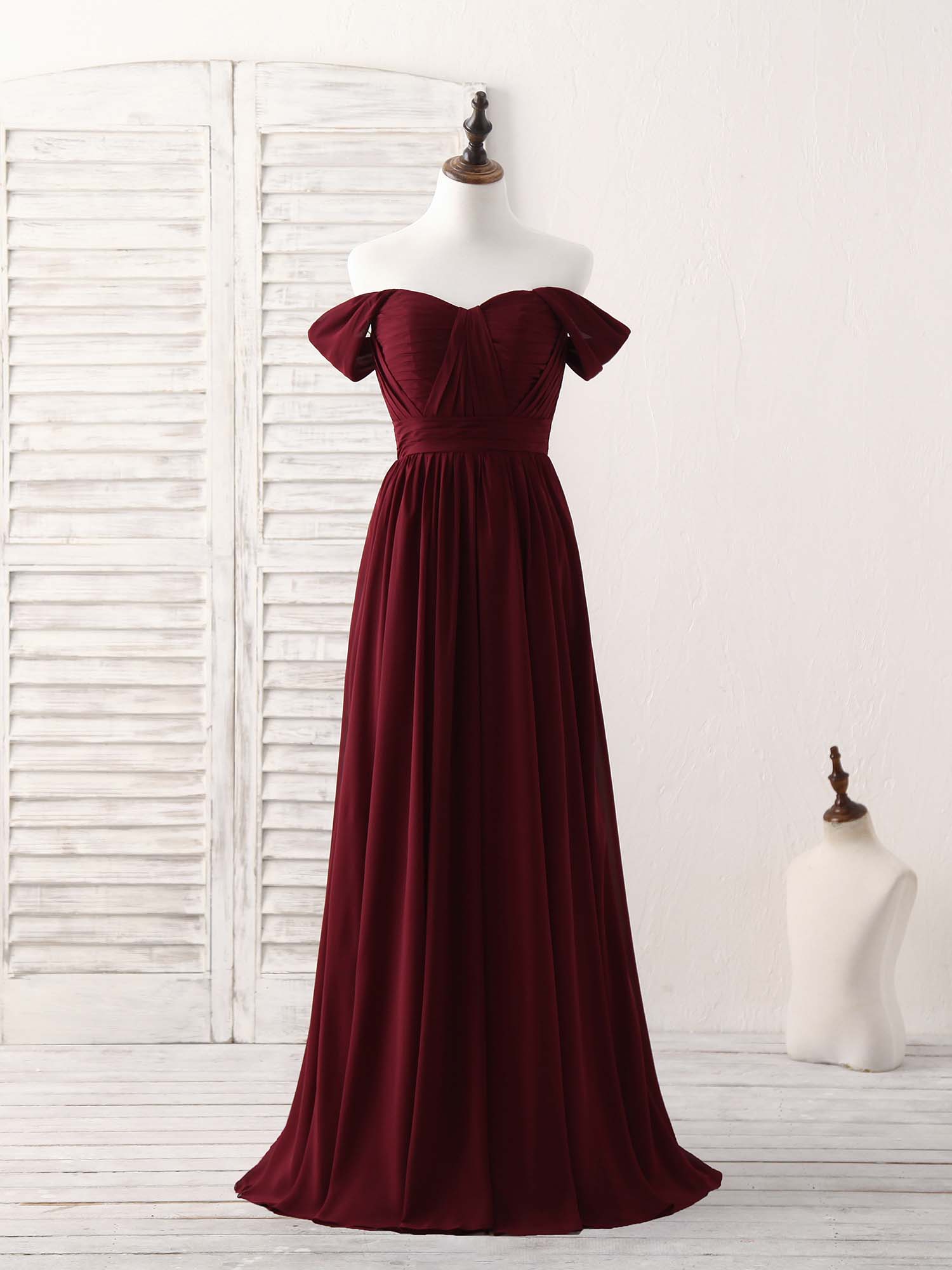 Party Dress Emerald Green, Burgundy Chiffon Off Shoulder Long Prom Dress Burgundy Bridesmaid Dress