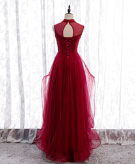 Homecoming Dresses Sparkle, Burgundy High Neck Tulle Sequin Beads Long Evening Dresses