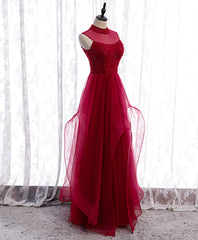 Homecoming Dress Sparkles, Burgundy High Neck Tulle Sequin Beads Long Evening Dresses