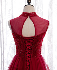 Homecoming Dress Sparkle, Burgundy High Neck Tulle Sequin Beads Long Evening Dresses
