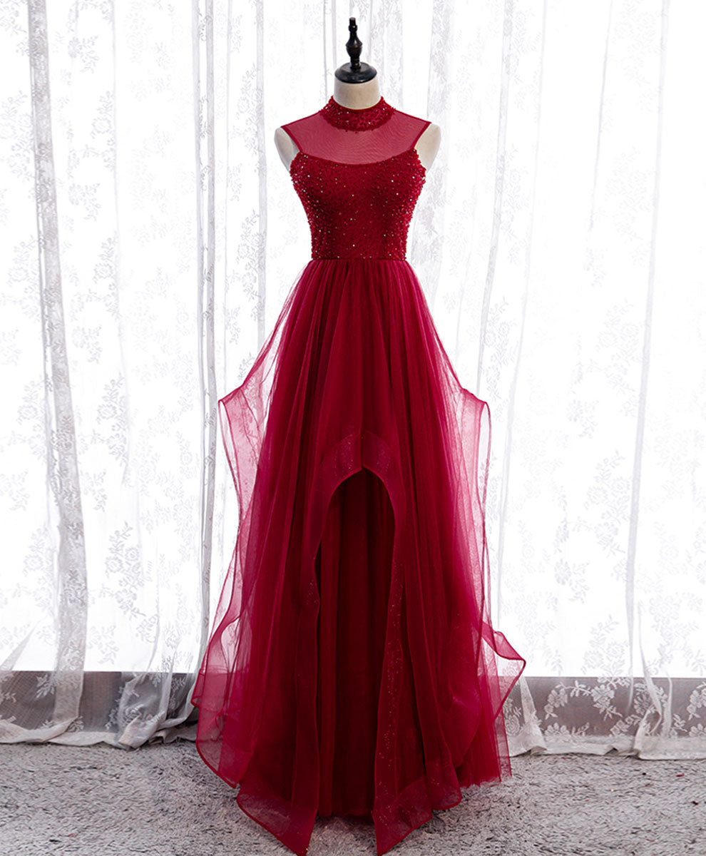 Homecoming Dress Pockets, Burgundy High Neck Tulle Sequin Beads Long Evening Dresses