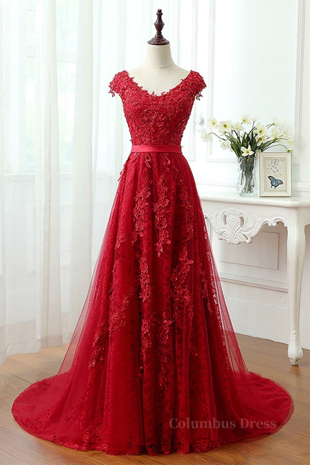 Simple Dress, Burgundy Lace Prom Dresses with Train, Wine Red Lace Formal Evening Dresses