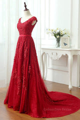 White Prom Dress, Burgundy Lace Prom Dresses with Train, Wine Red Lace Formal Evening Dresses
