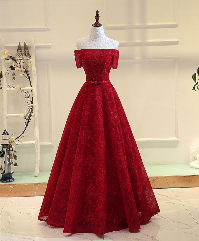 Bridesmaid Dresses Fall Colors, Burgundy Line  Lace Long Prom Dress, Burgundy Evening Dress