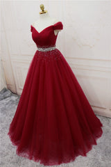 Prom Dress Fabric, Burgundy Long Tulle Off Shoulder Prom Dress , Junior Prom Dresses