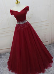 Prom Dress Idea, Burgundy Long Tulle Off Shoulder Prom Dress , Junior Prom Dresses