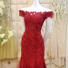 Prom Dress Sweetheart, Burgundy Mermaid Tulle Evening Gown with Lace Applique, Off Shoulder Prom Dress