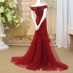 Prom Dresses Sweetheart, Burgundy Mermaid Tulle Evening Gown with Lace Applique, Off Shoulder Prom Dress