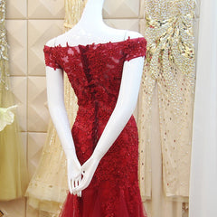 Prom Dresses Size 22, Burgundy Mermaid Tulle Evening Gown with Lace Applique, Off Shoulder Prom Dress