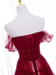 Bridesmaid Dress Colors, Burgundy Off Shoulder Long Prom Dress, Burgundy Formal Dress with Beading Sequin