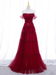 Beach Dress, Burgundy Off Shoulder Long Prom Dress, Burgundy Formal Dress with Beading Sequin