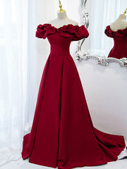 Prom Dress Purple, Burgundy Off Shoulder Satin Long Prom Dress, Burgundy Formal Evening Dress