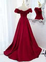 Prom Dresses For Curvy Figure, Burgundy Off Shoulder Satin Long Prom Dress, Burgundy Formal Evening Dress