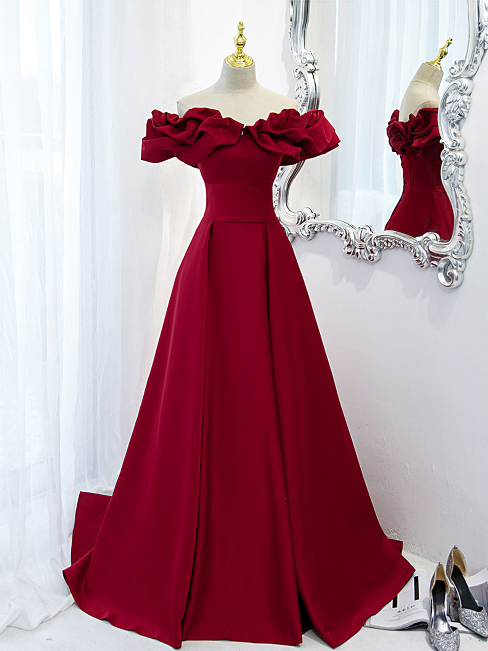 Prom Dresses Long Mermaid, Burgundy Off Shoulder Satin Long Prom Dress, Burgundy Formal Evening Dress