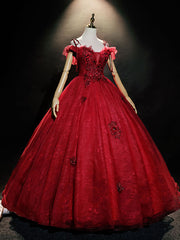 Bridesmaid Dress Colours, Burgundy Off Shoulder Tulle Lace Long Prom Dress, Burgundy Lace Sweet 16 Dress