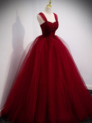 Formal Dresses Off The Shoulder, Burgundy Off Shoulder Tulle Long Prom Dress, Burgundy Formal Dress