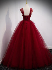 Formal Dresses Cocktail, Burgundy Off Shoulder Tulle Long Prom Dress, Burgundy Formal Dress