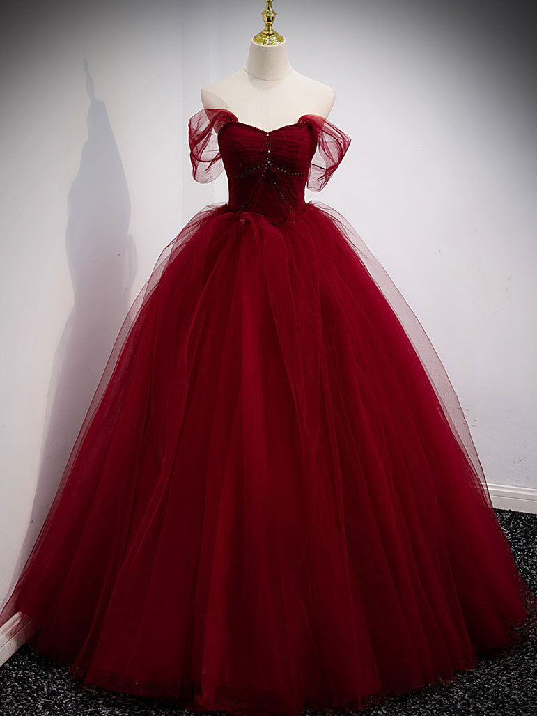 Formal Dresses Long Elegant Evening Gowns, Burgundy Off Shoulder Tulle Long Prom Dress, Burgundy Formal Dress