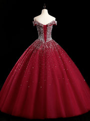 Party Dress Shop, Burgundy Off Shoulder Tulle Sequin Long Prom Dress, Burgundy Sweet 16 Dress