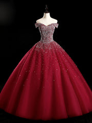 Party Dresses Outfit, Burgundy Off Shoulder Tulle Sequin Long Prom Dress, Burgundy Sweet 16 Dress
