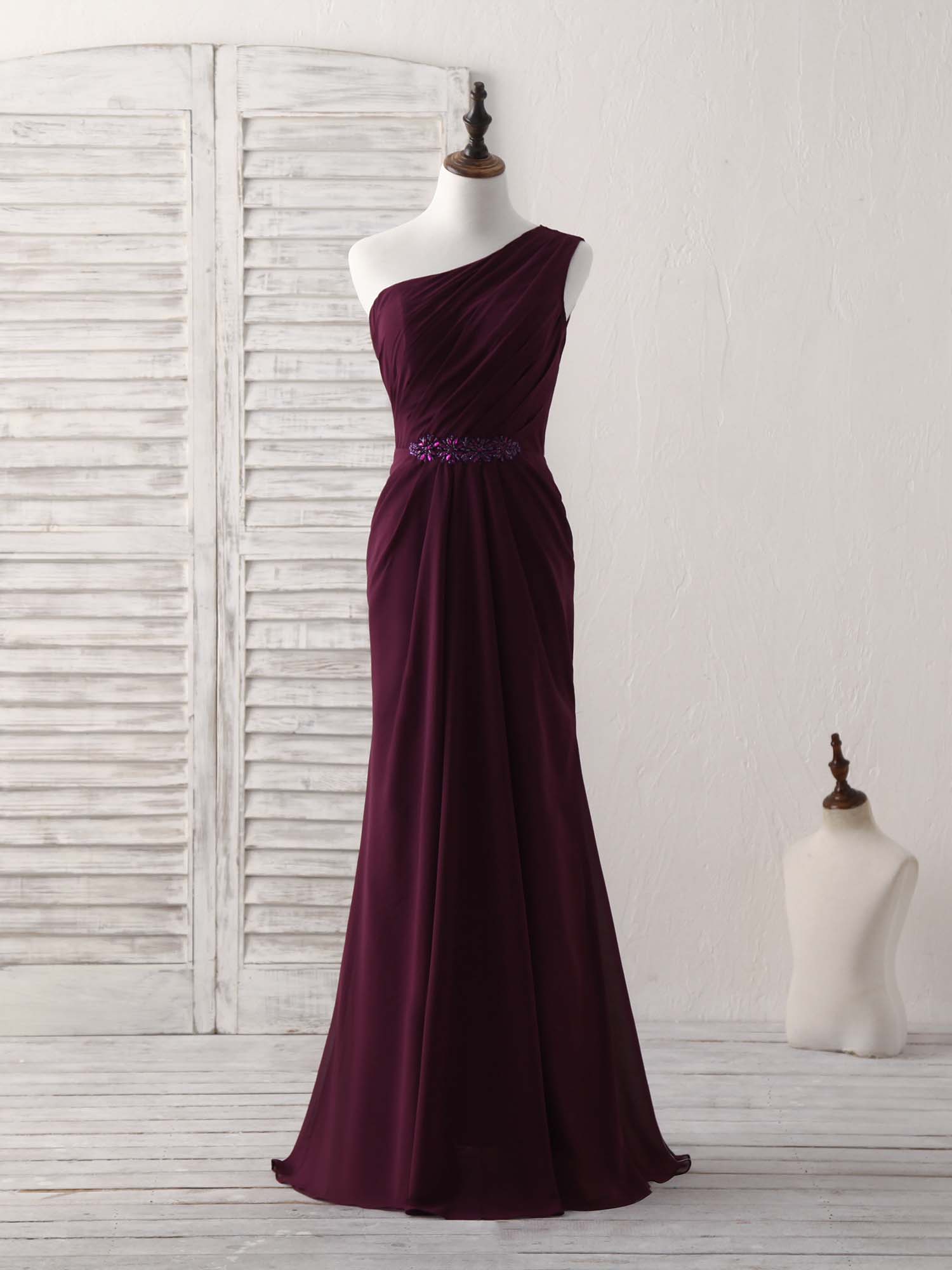 Party Dress Outfits Ideas, Burgundy One Shoulder Chiffon Mermaid Long Prom Dresses