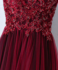 Bridesmaids Dresses Color, Burgundy One Shoulder Long Prom Dress, Lace Evening Dress