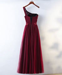 Bridesmaide Dress Colors, Burgundy One Shoulder Long Prom Dress, Lace Evening Dress