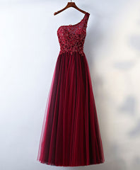 Bridesmaid Dress Color, Burgundy One Shoulder Long Prom Dress, Lace Evening Dress