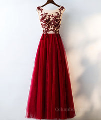 Evening Dresses For Wedding, Burgundy round neck tulle lace long prom dress, bridesmaid dress
