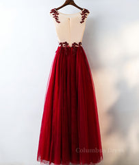 Evening Dresses 90018, Burgundy round neck tulle lace long prom dress, bridesmaid dress