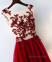 Evening Dress Wholesale, Burgundy round neck tulle lace long prom dress, bridesmaid dress