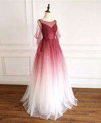 Prom Dresses Websites, Burgundy Round Neck Tulle Long Prom Dress Burgundy Evening Dress