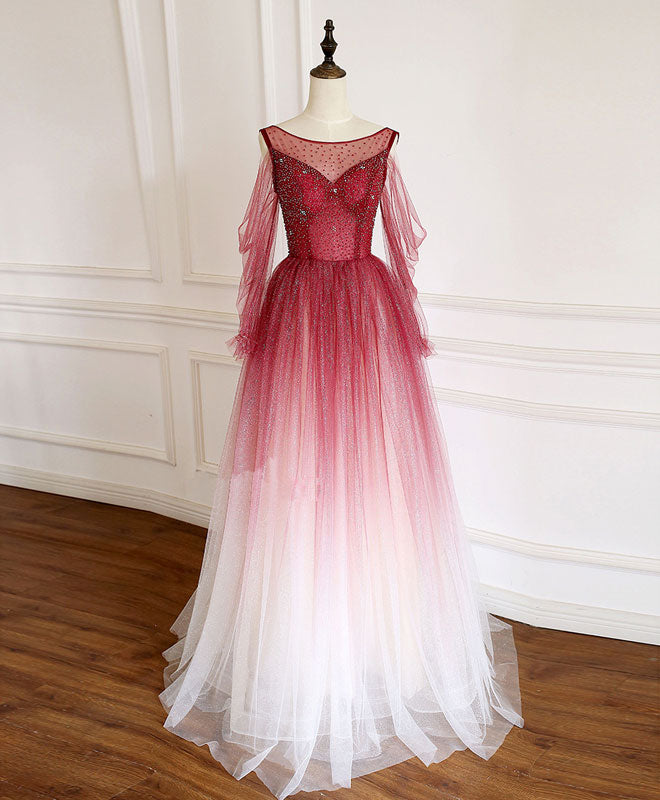 Prom Dress Website, Burgundy Round Neck Tulle Long Prom Dress Burgundy Evening Dress