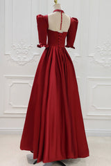 Cocktail Dress, Burgundy Satin High Neck Long Prom Dress, Burgundy A-Line Evening Party Dress